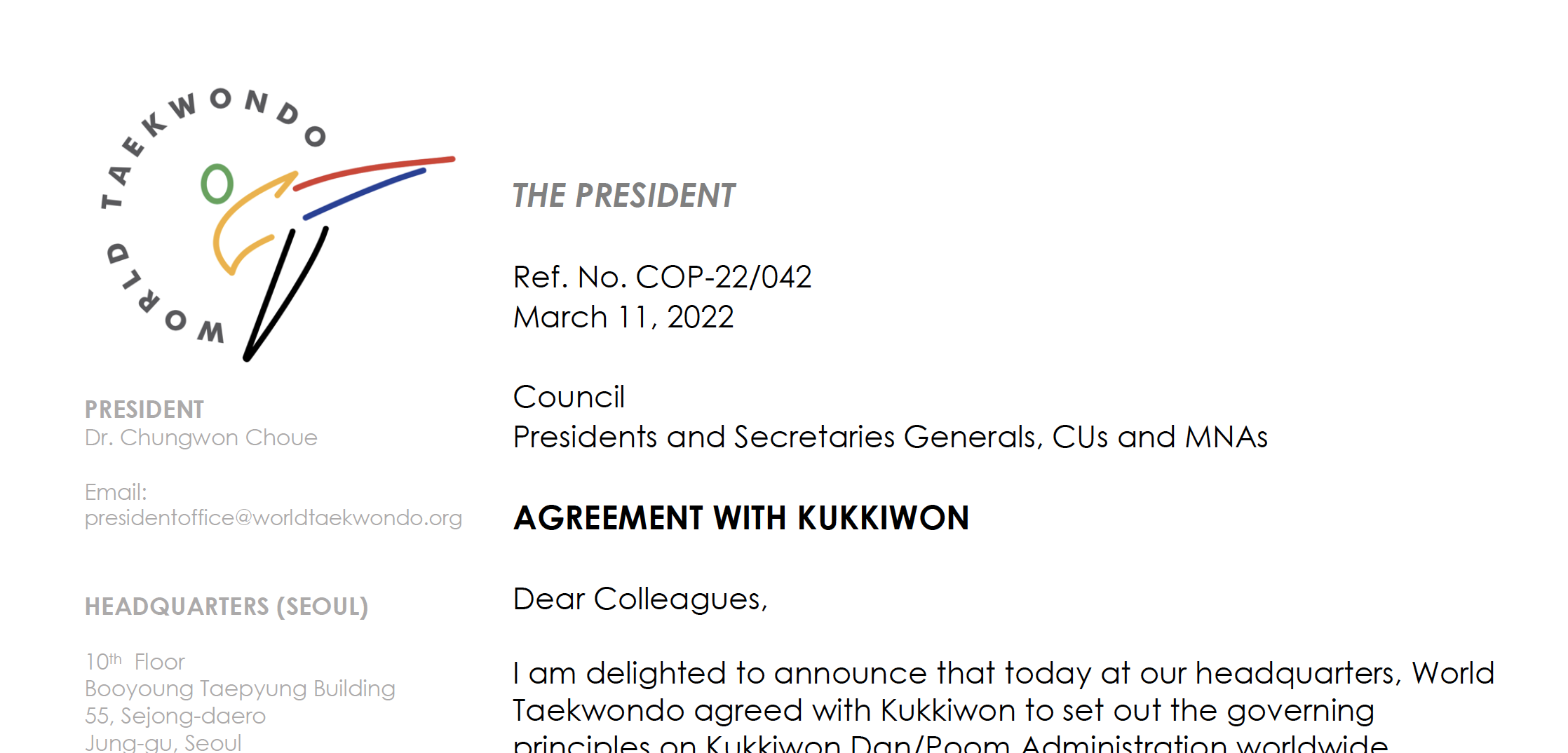 Accordo WT e Kukkiwon