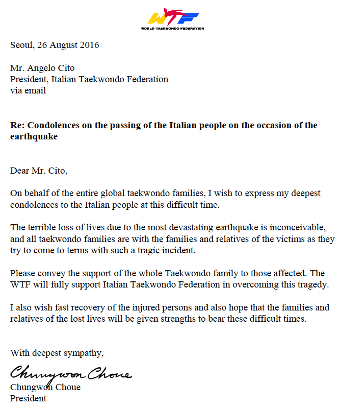 Lettera del Presidente WTF per le vittime del terremoto.