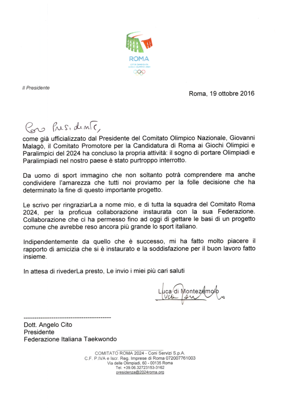 Comitato Roma 2024: la lettera del Presidente Montezemolo